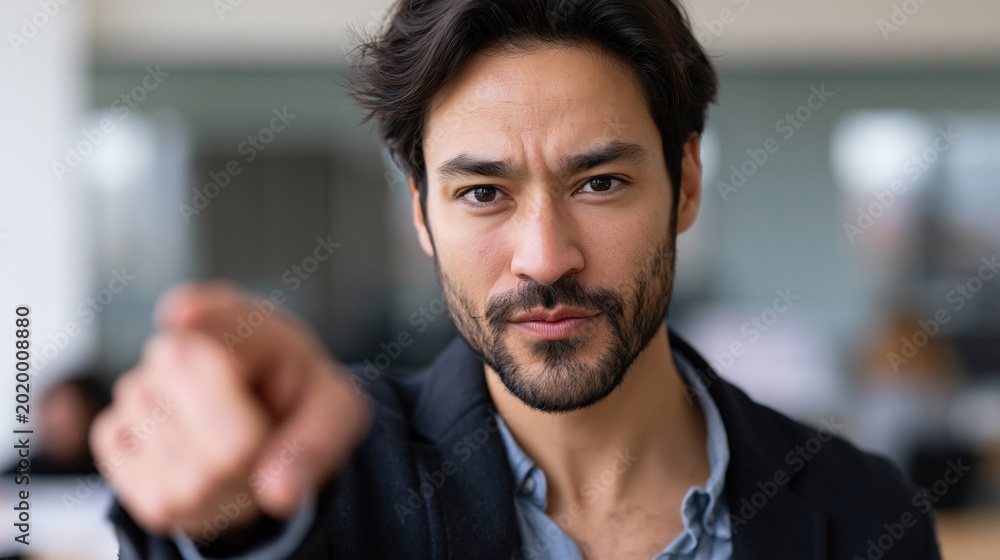 Obraz premium Confident man in dark blazer gives assertive gesture while pointing