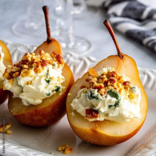 Fresh Pears With Cheese and Nuts Prepared for a Snack at a Kitchen Table