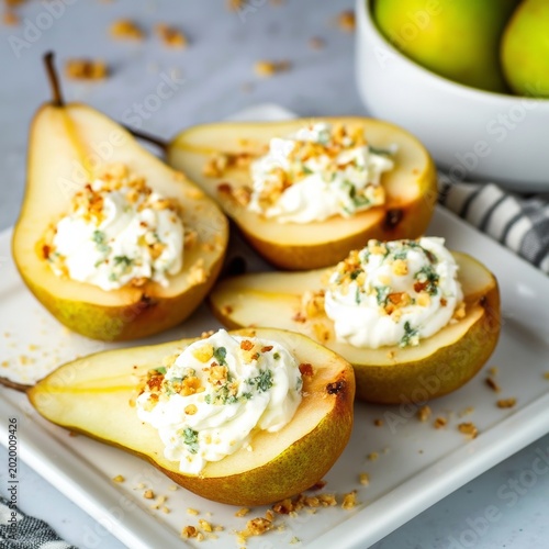 Fresh Pears With Cheese and Nuts Prepared for a Snack at a Kitchen Table