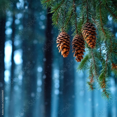 Pine Cones Hang From Branches in a Forest During a Light Snowfall at Dusk