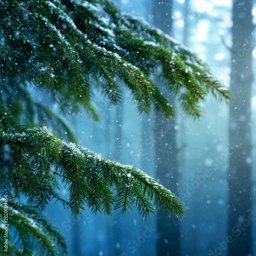 Snow Falls on Evergreen Branches in a Dense Forest During Winter