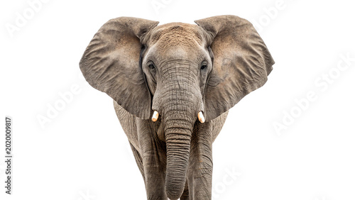 Fotografía A close up portrait of an African elephant head looking forward isolated on tran