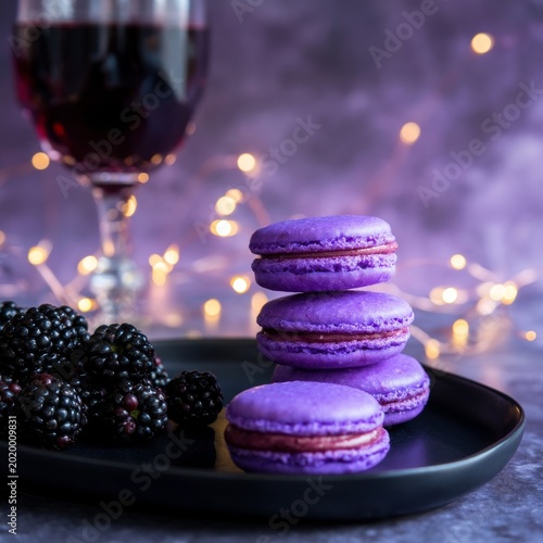 Purple Macarons and Blackberries With Wine Glass in Soft Light at a Celebration