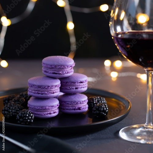 Purple Macarons and Blackberries With Wine Glass in Soft Light at a Celebration