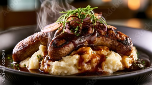 Savory grilled sausages served over creamy mashed potatoes with onion reduction in a steaming close-up for gastropub culinary branding