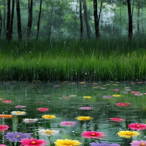 Flowers Float on a Pond While Rain Falls in a Forest During Springtime