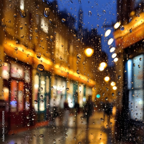 Rain Falls on Busy Street at Night as People Walk by Illuminated Shops