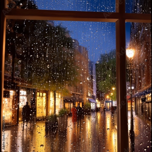 Night Scene Showing Rain on Window With People Walking on Wet Street