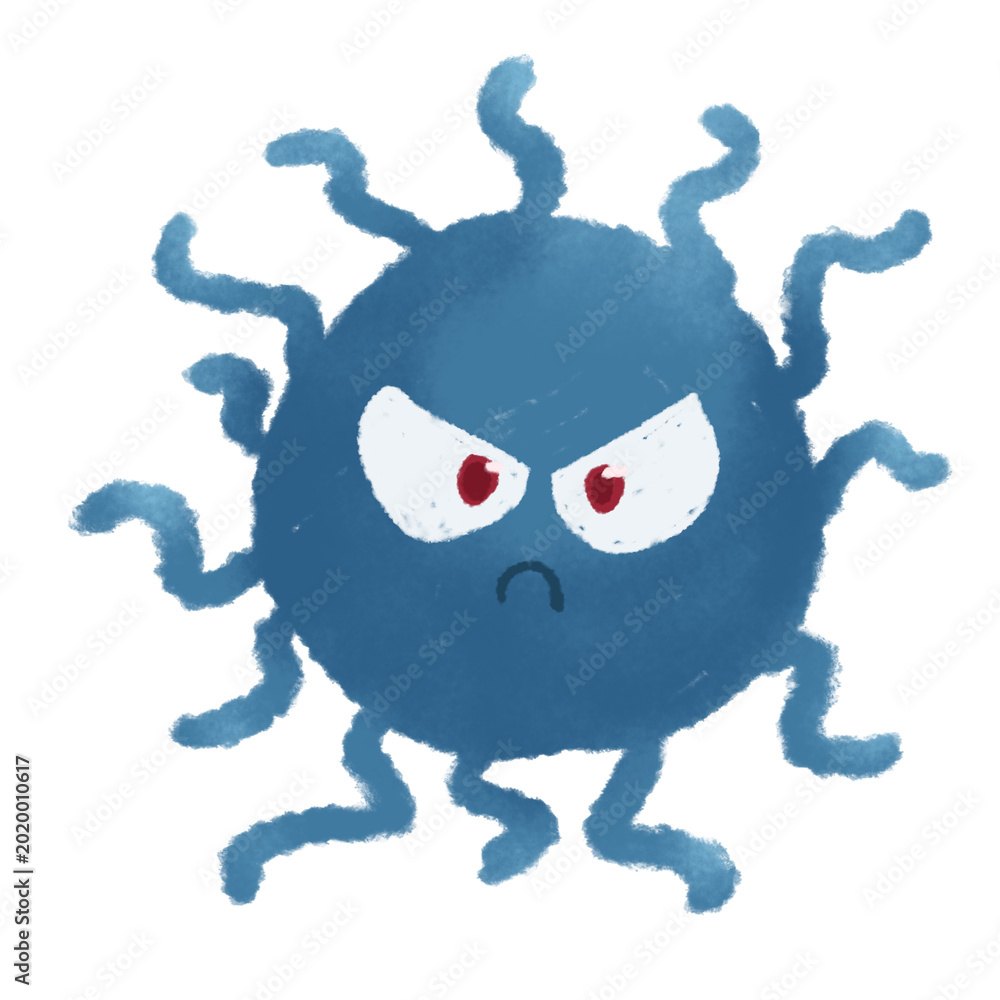 Naklejka premium PNG Cute blue fuzzy germ cartoon character with angry face, watercolor children style microorganism illustration isolated on white background for kids science and health education