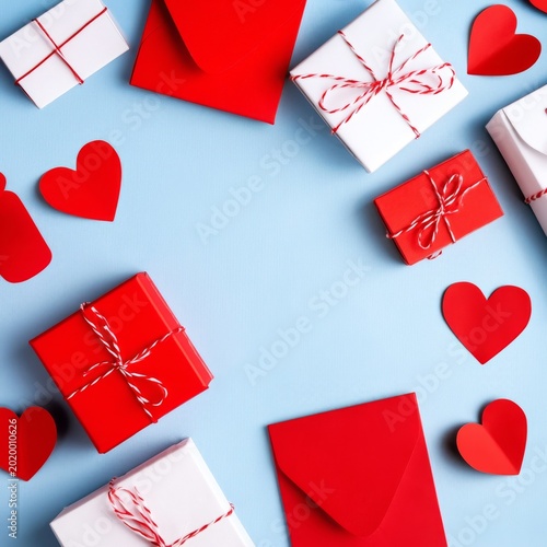 Gift Boxes and Envelopes Arranged on a Blue Surface for a Special Celebration...