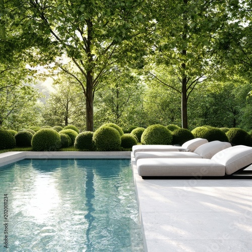 Relaxing by the Pool in a Green Garden During the Day With Lounge Chairs and ...