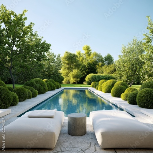 Lounge Chairs by the Pool in a Garden With Green Bushes and Trees in Summer L...