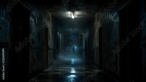 A dim industrial corridor with wet reflections and blue light creates a tense cinematic mood. Useful for horror, thriller, game, and suspense visuals.