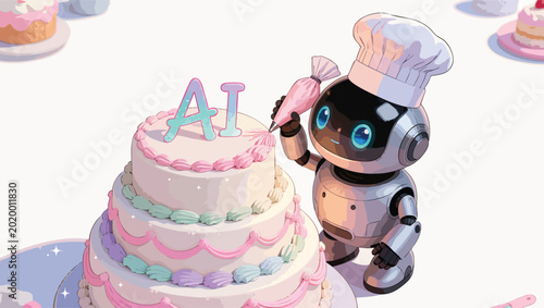 Cute robot chef decorating a multi-tiered cake with ai letters robot.