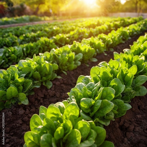 Lettuce Grows in a Garden With Sunlight Shining on the Crops in the Early Mor...