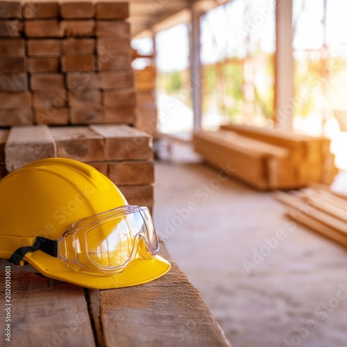 Construction Helmet and Safety Goggles on Wood at Building Site in Morning Li...