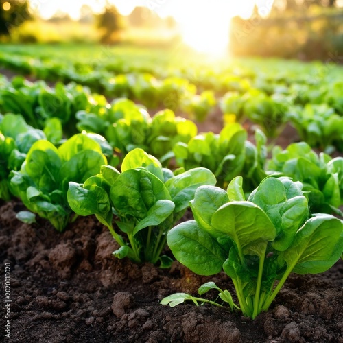 Fresh Greens Grow Under Sunlight in a Vegetable Garden During the Evening Hours
