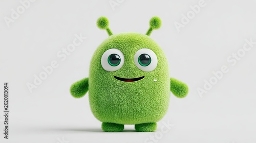 3D rendering of a cute smiling alien mascot isolated on a white background with soft shadows, detailed design, and copy space

