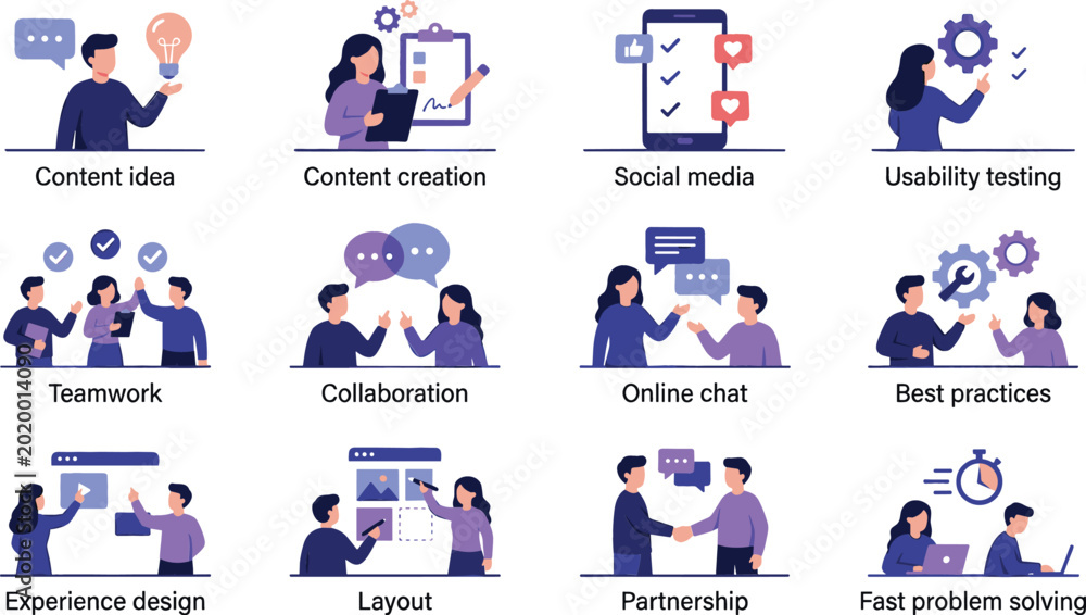 Fototapeta premium Teamwork and Collaboration Icon Set for Content Creation, Social Media, Online Chat, and Design Processes