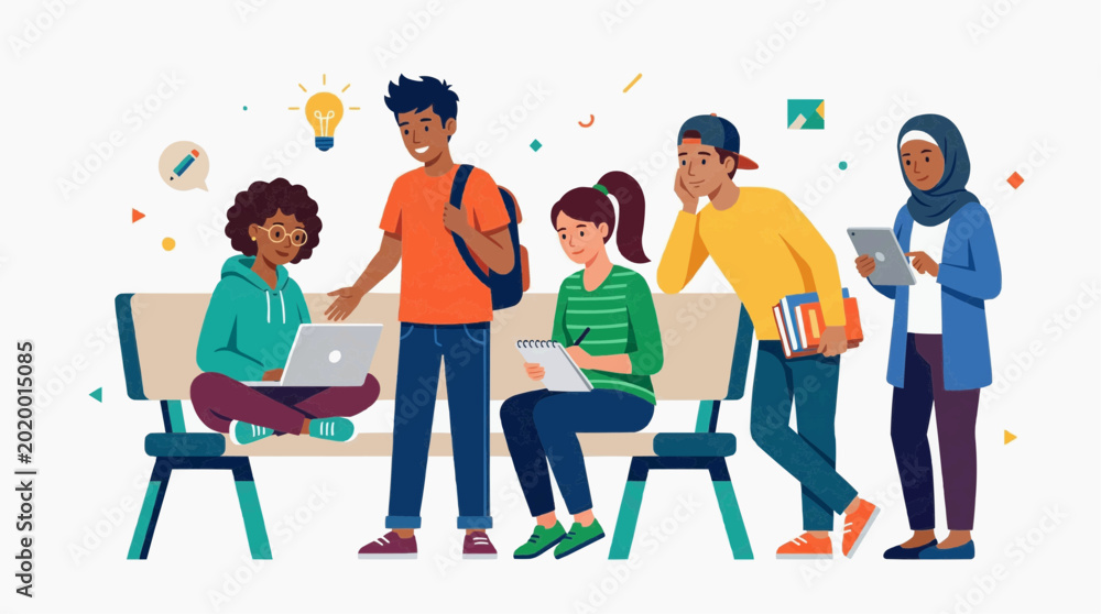 Obraz premium Diverse group of students collaboratively working on a bench with gadgets and ideas. They are likely involved in a project, brainstorming or other academic endeavors.