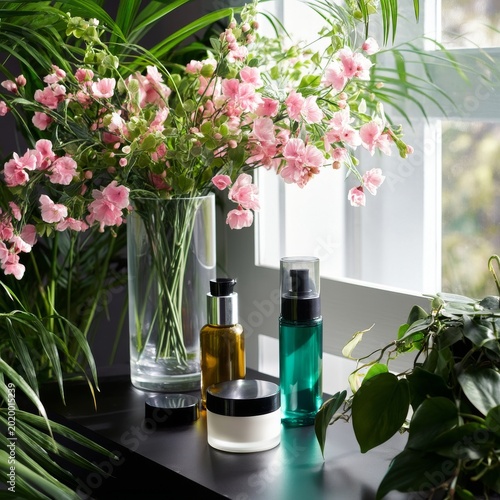 Decorative Arrangement of Skincare Products With Plants and Flowers on a Blac...