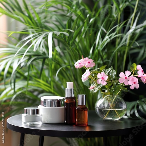Natural Skincare Products Displayed on a Wooden Surface With Plants and Flowe...