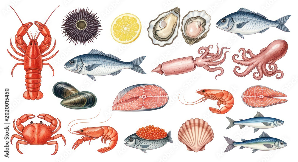 Obraz premium Colorful illustration of various seafood including fish, shellfish, and crustaceans arranged artistically with lemon and oysters on a white background