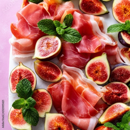 Fresh Figs and Prosciutto on a Wooden Board With Mint on a Sunny Kitchen Counter