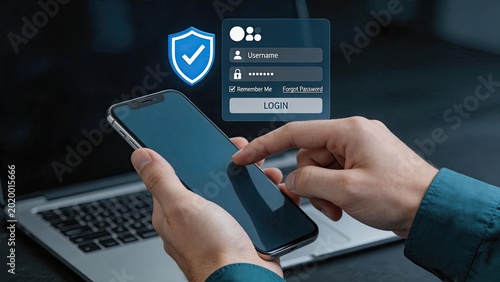Secure mobile login interface with password entry form, smartphone authentication process for online account access and digital identity verification system