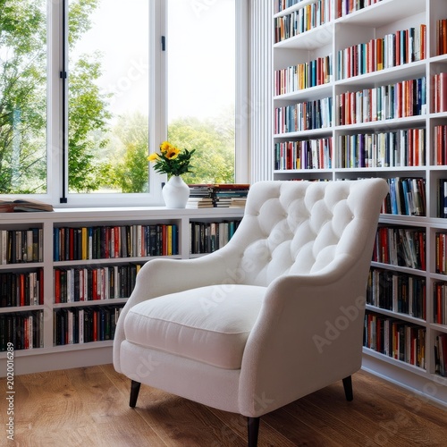 Cozy Reading Nook With a Chair and Large Window in a Home Library With Many B...