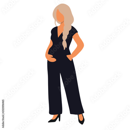 Tableau sur toile Stylish pregnant female character wearing black elegant overalls and pumps