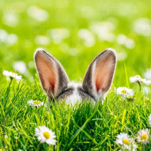Rabbit Peeking Through Grass and Flowers on a Sunny Day in a Garden or Field