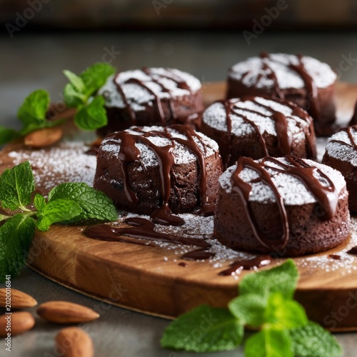 Chocolate Desserts With Mint and Almonds Served on a Wooden Platter in a Kitc...