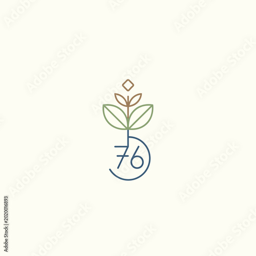 Minimalist logo design with plant and number.