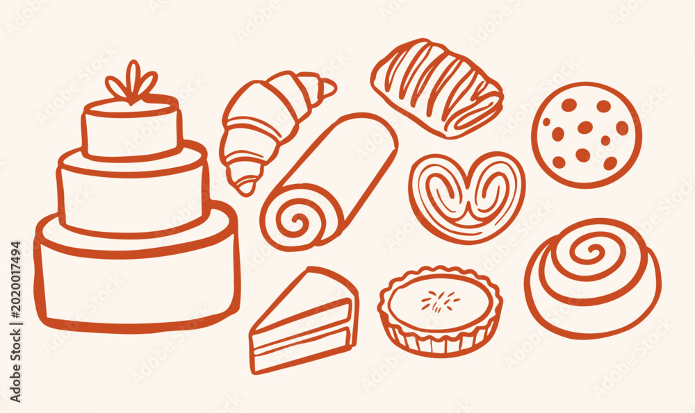 Εκτύπωση καμβά Hand drawn bakery pastry and sweet dessert vector set with multi-tiered cake, croissant, palmier, cinnamon roll and cookie