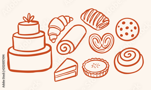 Vászonkép Hand drawn bakery pastry and sweet dessert vector set with multi-tiered cake, croissant, palmier, cinnamon roll and cookie