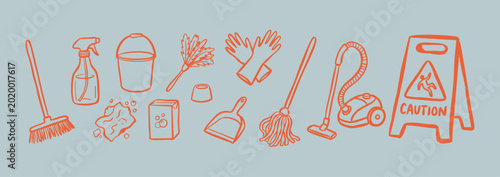 Hand drawn housekeeping and cleaning supplies vector illustration set with broom, vacuum cleaner, bucket, mop, duster spray bottle and caution sign
