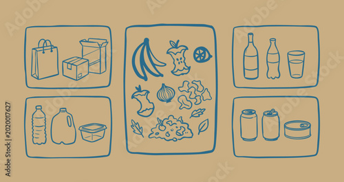 Hand drawn recycling and waste management vector icon set with sorted waste for paper plastic glass metal and organic compost, cardboard boxes, aluminum cans. illustration