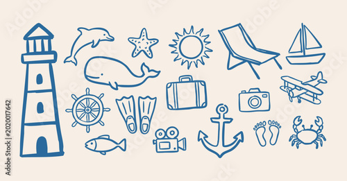 Fotografi Hand drawn summer vacation and seaside vector illustration set with lighthouse,
