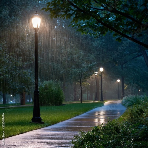 Rain Falls on a Lamp Post in a Park During Evening Hours