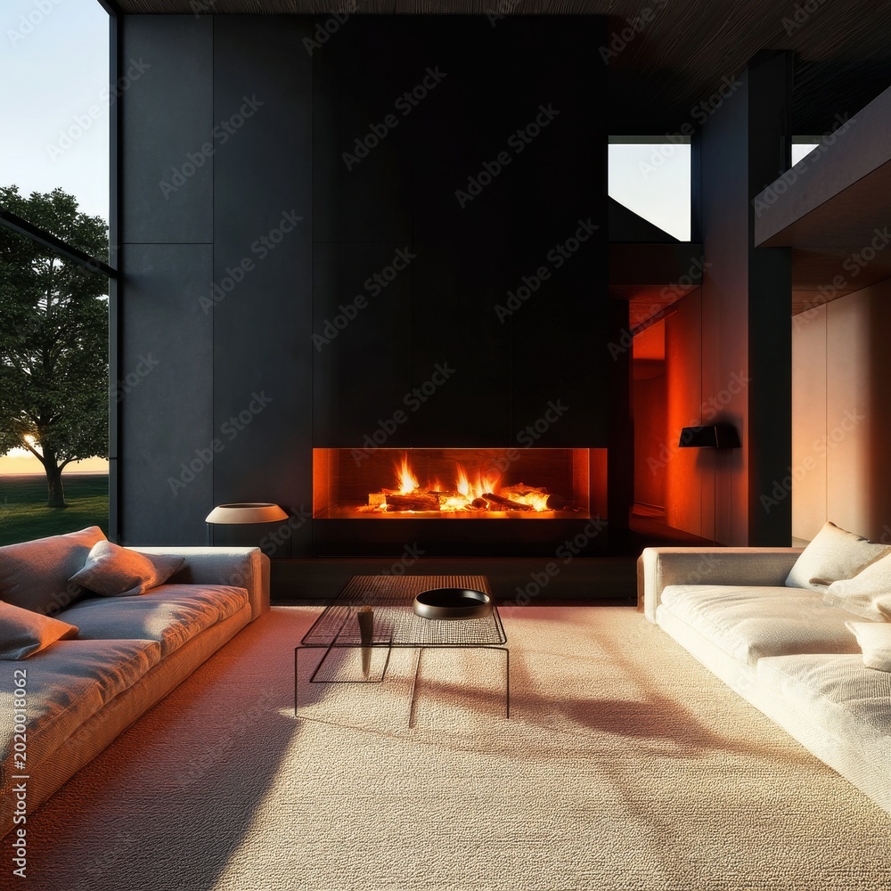 Fototapeta premium Cozy Indoor Space With Fireplace During Sunset in Modern Living Room