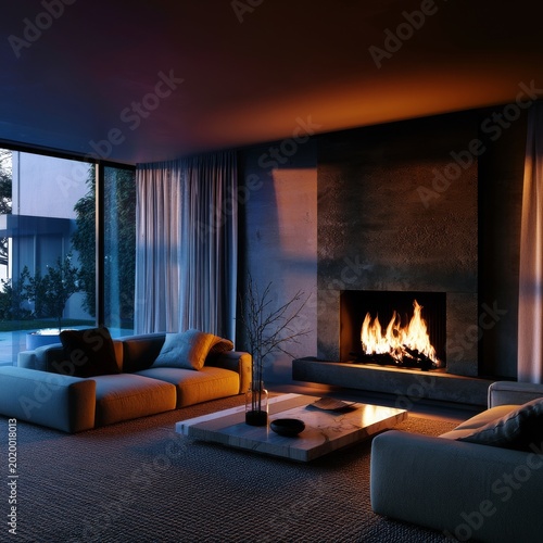 Modern Living Room With a Fireplace and Large Windows Showing a Green Outdoor...