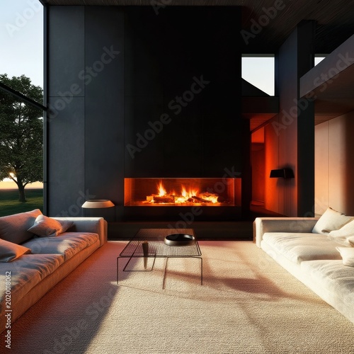 Cozy Indoor Space With Fireplace During Sunset in Modern Living Room