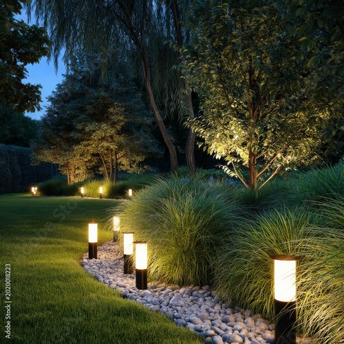 Garden Lighting Brightens Walkway and Highlights Plants During Evening Hours