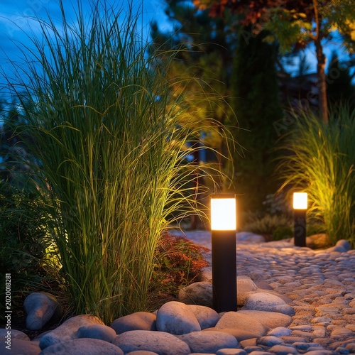 Garden Lighting Brightens Walkway and Highlights Plants During Evening Hours