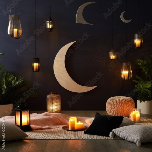 Warm Candle Lights and Moon Decor Create a Cozy Atmosphere in an Indoor Space...