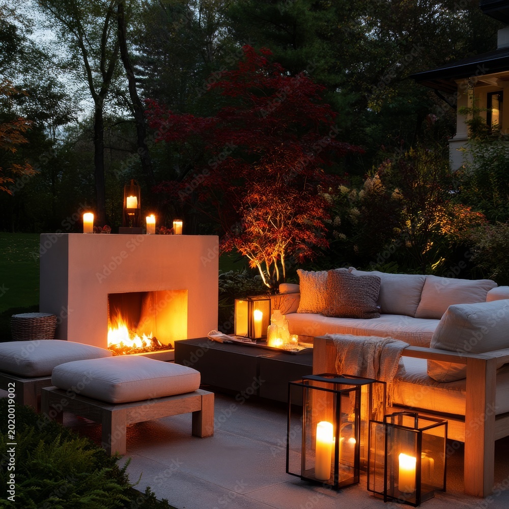 Fototapeta premium Cozy Evening by the Fire in a Backyard With Candles and a Sofa Setup