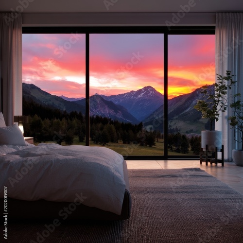 Cozy Bedroom With a View of Mountains During Sunset in Modern Home