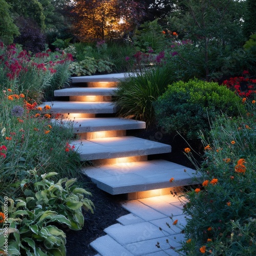Garden Pathway With Lights in a Landscaped Area During Evening Hours
