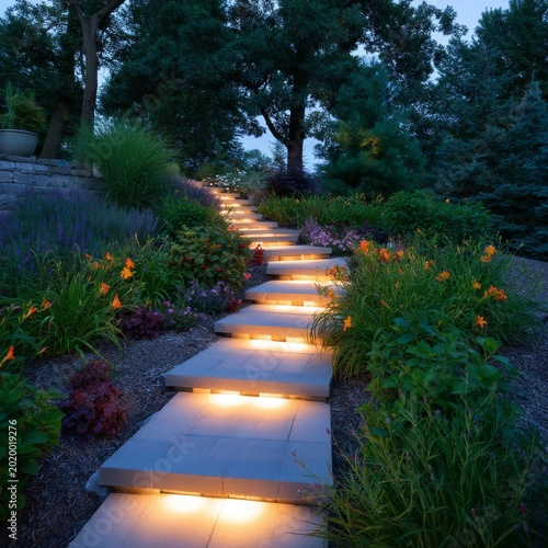 Garden Pathway With Lights in a Landscaped Area During Evening Hours